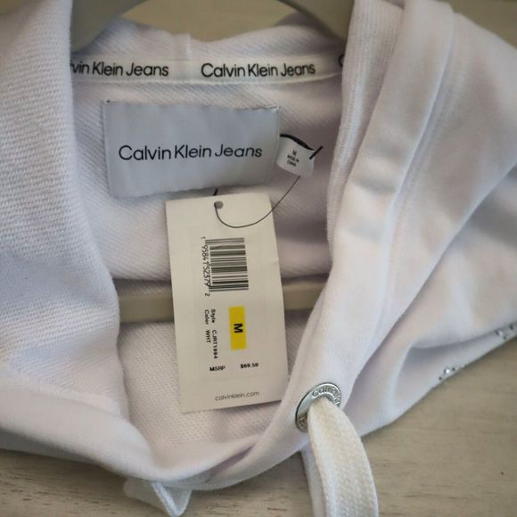 Calvin Klein CJRT1994 Women Sz M White Studded Logo Graphic Hoodie Sweatshirt $7 - Picture 6 of 10
